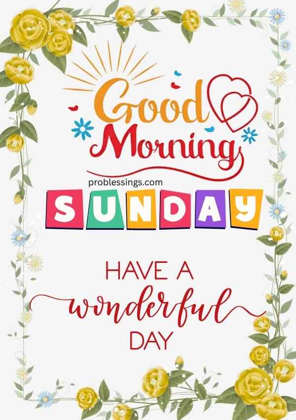 Good morning Sunday with yellow roses and floral border wishing a wonderful day.