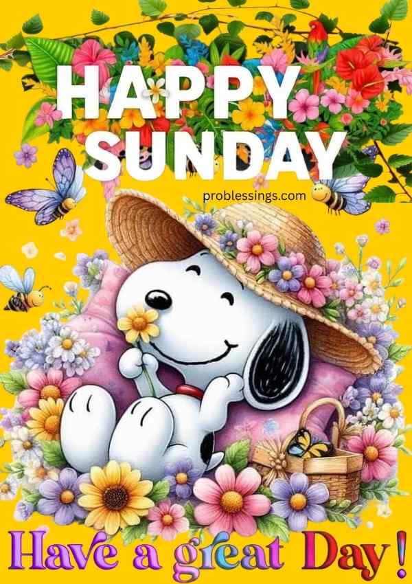 Cute Snoopy cartoon surrounded by colorful flowers and butterflies wishing a Happy Sunday
