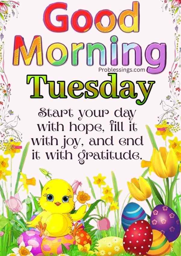 Good Morning Tuesday image with cute chick, spring flowers, and positive gratitude blessings.