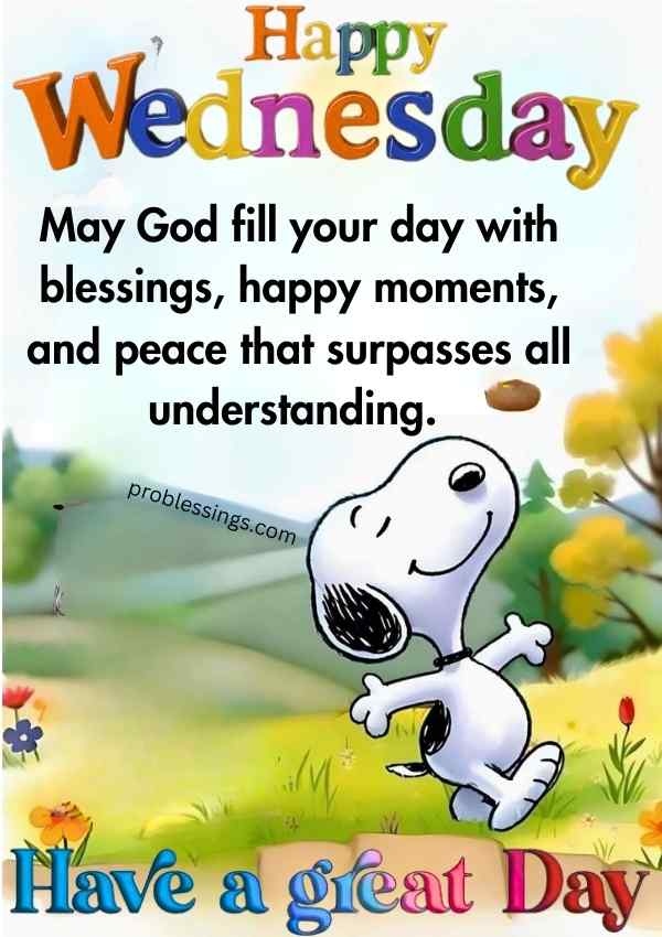 Happy Wednesday blessing with Snoopy illustration and inspirational message about peace and joy