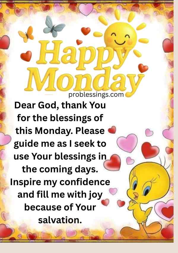 Happy Monday prayer image thanking God for blessings, guidance, confidence, joy, and salvation