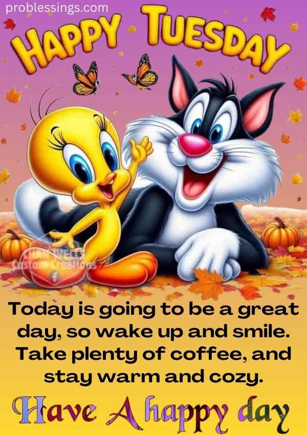 Happy Tuesday image with Tweety and Sylvester cartoon characters, cheerful fall background