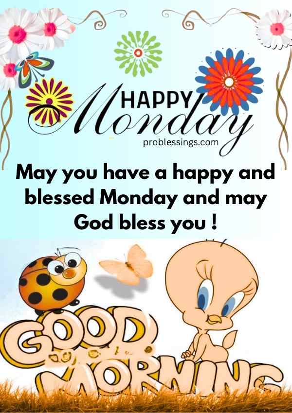 Happy Monday good morning blessing image with cartoon illustration and flowers