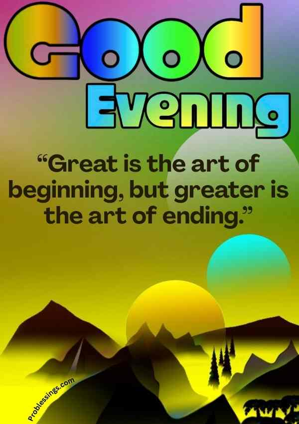 Good evening quote image with sunset landscape and inspirational ending quote