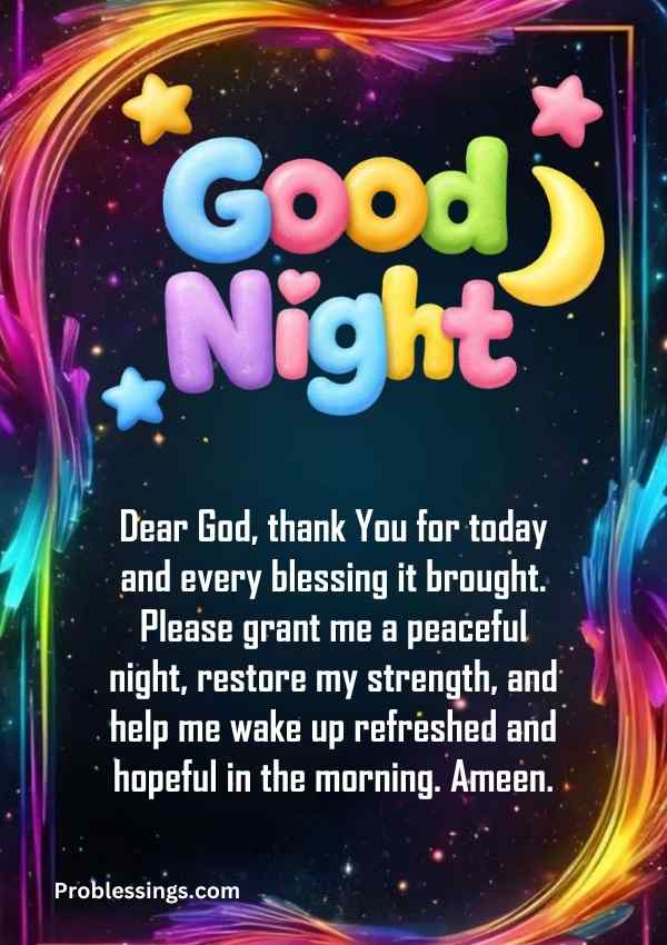 Good night prayer image thanking God for blessings and asking for peaceful sleep