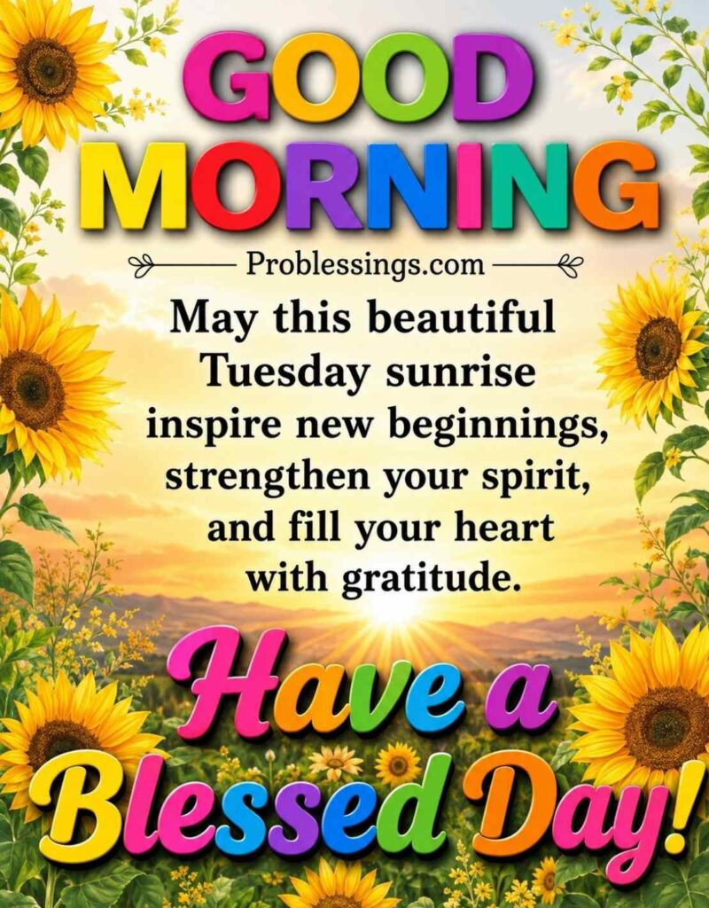 lovely Tuesday morning blessing image featuring sunflowers, sunrise, and colorful “Have a Blessed Day” text.