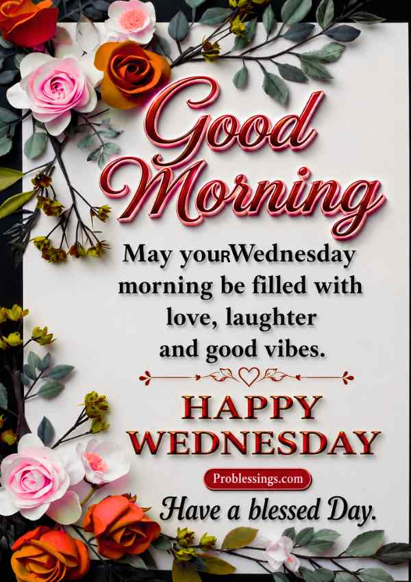Good morning happy Wednesday image with roses, blessings, love, and positive wishes