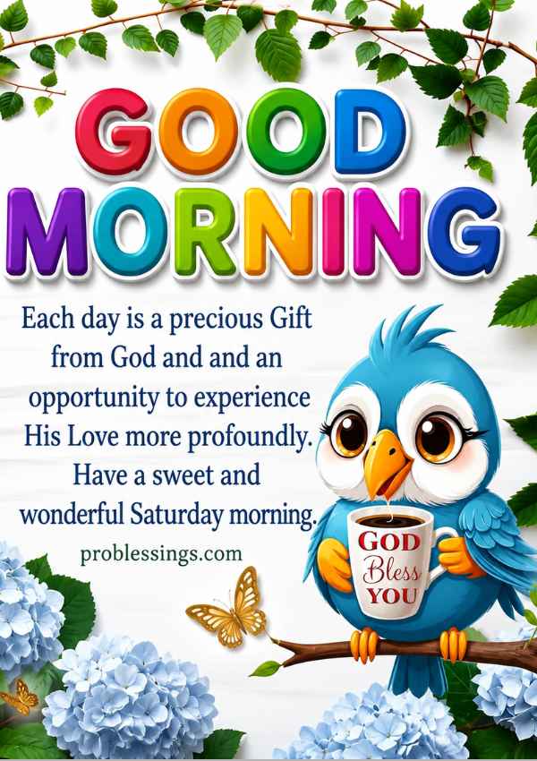 Thankful Saturday morning blessings image with flowers and teddy bird