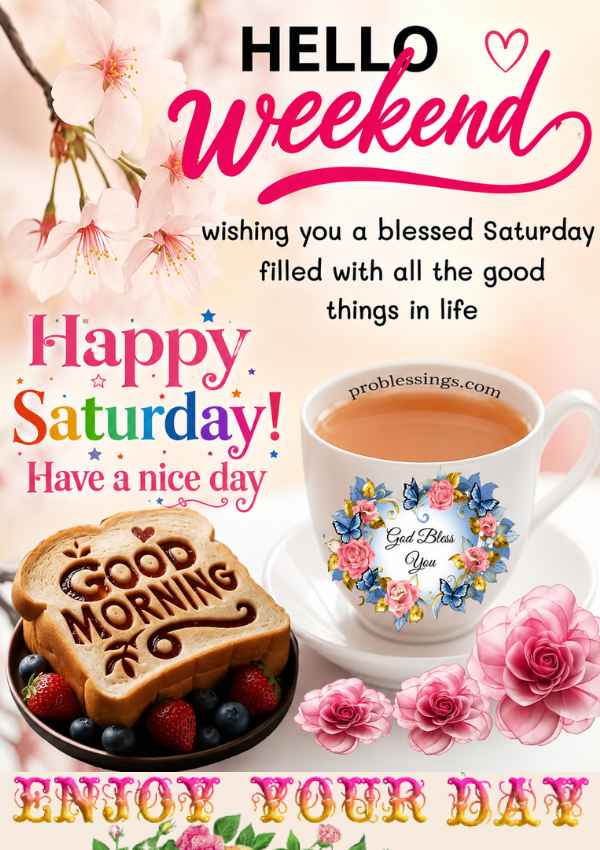 Good Morning Saturday Images with a cup of coffee and cake
