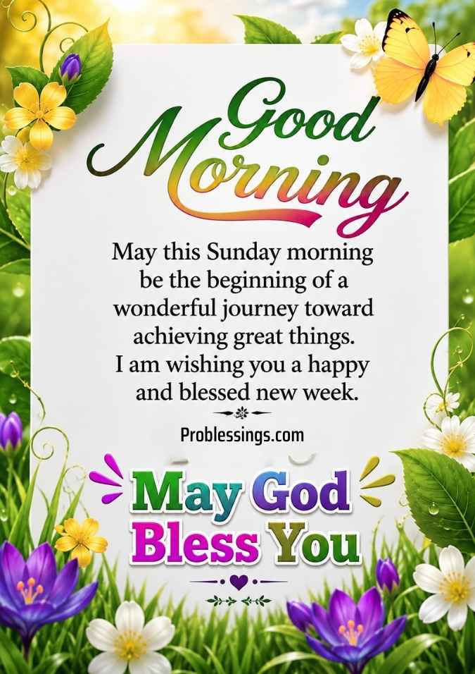 Sunday morning motivational image with greetings and flowers background